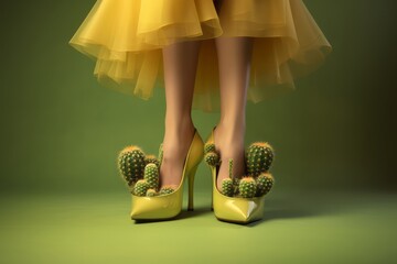 Woman in funny yellow high heel shoes and yellow dress, shoes filled with cactus plants, humorous minimal concept of uncomfortable shoes, creative fashion footwear parody - obrazy, fototapety, plakaty