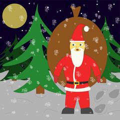 Santa Claus, with a gift bag, walks through a snowy forest. New Year and Christmas holiday design