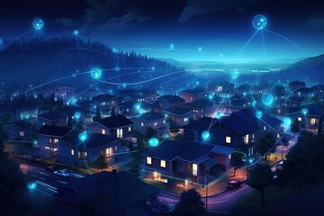 Suburban community connected with smart homes at night. Digital society grid. Future neighborhood network. Smart home small town at night. Smart city connectivity. Smart living. Generative AI