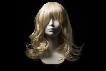 Naklejka premium Full female blonde wig curly hair mannequin head, isolated, black background, created with Generative AI