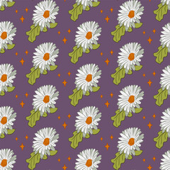 White gerberas seamless pattern on purple background. Vector isolated flowers with stars in flat outline style. Can be used as contemporary textile, wallpaper, wrapping paper, home decor