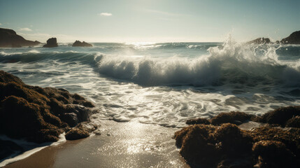 Obraz premium The soothing sound of waves crashing against the shore. The sun glints off each wave as it hits the beach.
