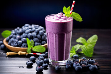 glass of blueberry smoothie with fresh berries and mint on a blue background