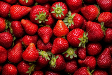 Large pile of fresh strawberries with a green stem on the top on a black background