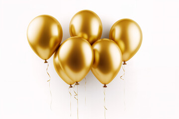 Bunch of gold balloons on a white background with copy space