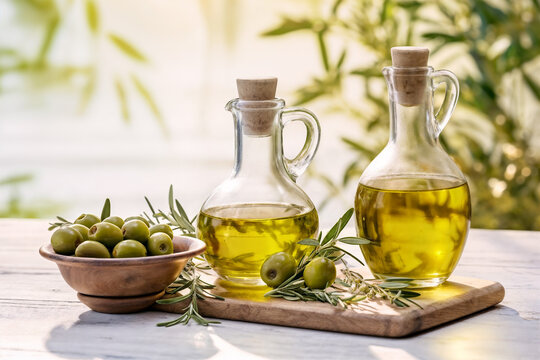 bottle of olive oil next to a bowl of olives on a wooden table