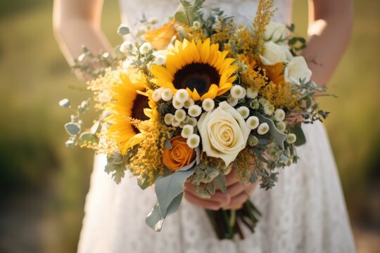 A bride holds her bridal bouquet with sunflowers, summer, Generative AI