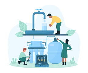 Water filter instalation at home vector illustration. Cartoon tiny people from maintenance service install water purification system under faucet in kitchen or bathroom of house, repairman with wrench
