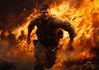 Uniformed soldier running in the battlefield. Military man portrait with fire at backdrop. War concept. Generative AI.