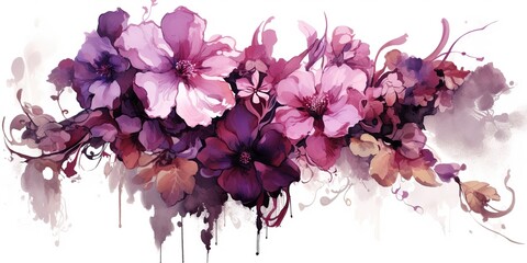 AI Generated. AI Generative. Beautiful decorative blossom bloom botanical floral pink purple flowers watercolor on white background canvas view paint - obrazy, fototapety, plakaty