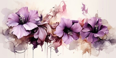 AI Generated. AI Generative. Beautiful decorative blossom bloom botanical floral pink purple flowers watercolor on white background canvas view paint