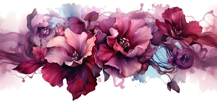 AI Generated. AI Generative. Beautiful decorative blossom bloom botanical floral pink purple flowers watercolor on white background canvas view paint