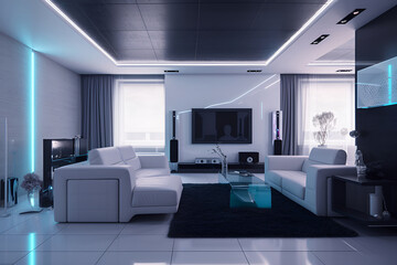 Fototapeta na wymiar Techno style interior of living room in luxury house