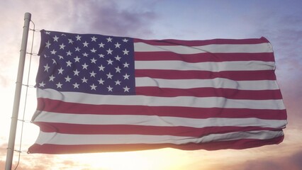 Flag of USA United States of America waving in the wind, sky and sun background. 3d illustration
