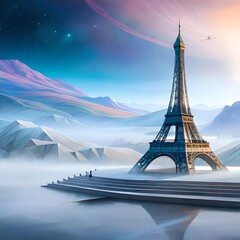 Future Paris with Eiffel tower. - AI World with fantasy art