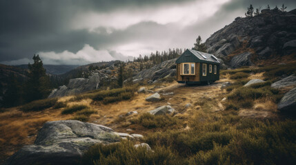 tiny house on wheels, parked in scenic mountain landscape. - obrazy, fototapety, plakaty