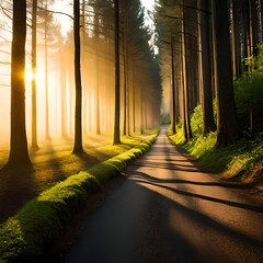 Sunlit Serenity: Majestic Forest Morning - Sunrise out of the trees in the forest