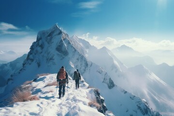 Fototapeta na wymiar Photograph of people hiking in snowy mountain, Generative AI