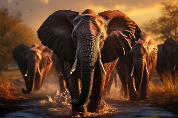 Fotobehang Olifant full body of herd of very long-tusked elephants in the sunset