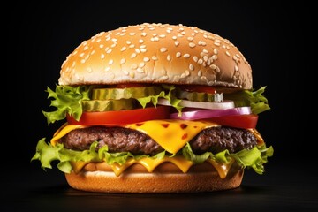 Juicy hamburger with cheese, lettuce, tomato, and onion.