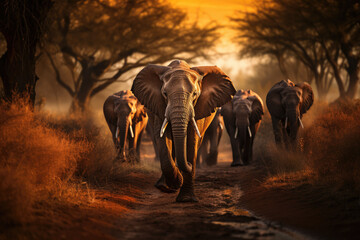full body of herd of very long-tusked elephants in the sunset