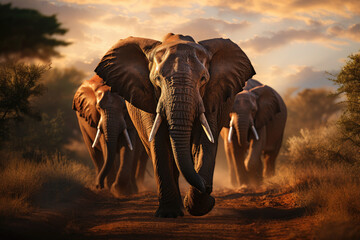 full body of herd of very long-tusked elephants in the sunset - obrazy, fototapety, plakaty