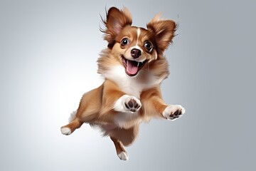 Funny dog in jump. Jumping puppy. Shocked surprised playful doggy or pet isolated on transparent background.