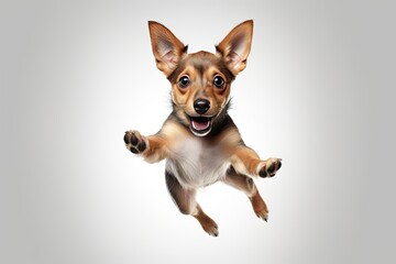 Funny dog in jump. Jumping puppy. Shocked surprised playful doggy or pet isolated on transparent background. - obrazy, fototapety, plakaty