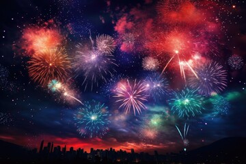 Colorful fireworks. Festival celebration explosion. Abstract firecrackers in the night sky.