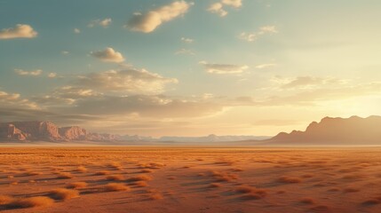 Fototapeta na wymiar Cinematic African landscape. Sahara grasslands. Sunrise over the desert plains. Safari views.