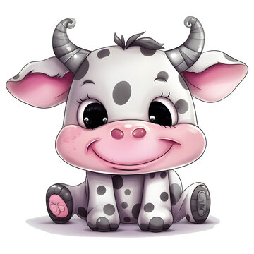 Cute cartoon cow sitting on a transparent background, png
