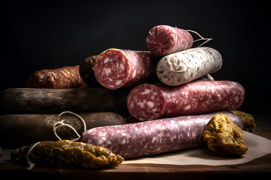 Assorted smoked sausages on dark background with copy space