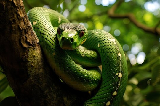 Emerald Serpent: A Green Snake on a Tree.