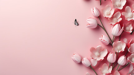 Fototapeta na wymiar tulip flower top view copy space on pink background greeting card