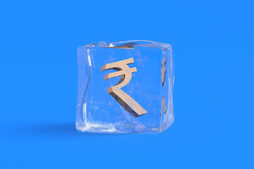 Indian rupee symbol in ice cube. 3d illustration