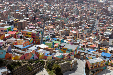 Barrio Chualluma, the painted neighborhood in La Paz, El Alto in Bolivia, South America - both artwork and hope for change and a better future - obrazy, fototapety, plakaty