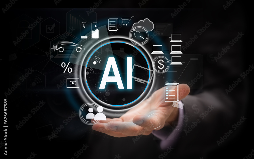 Fototapete artificial intelligence or ai concept. futuristic icon design and graphics over hand with tablet.
