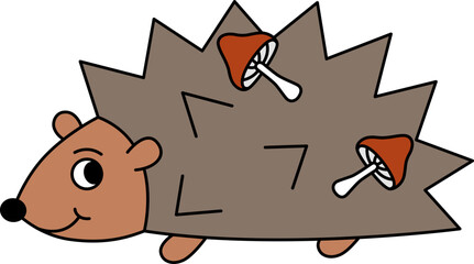 Retro groovy smiling hedgehog with mushrooms on his spines. Grey hedgehog character. Cartoon isolated vector illustration