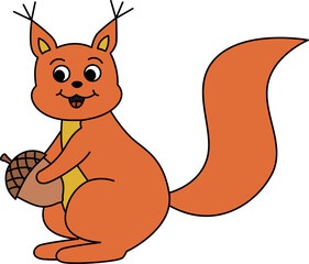 Retro groovy smiling squirrel holding acorn. Red squirel character. Cartoon isolated vector illustration