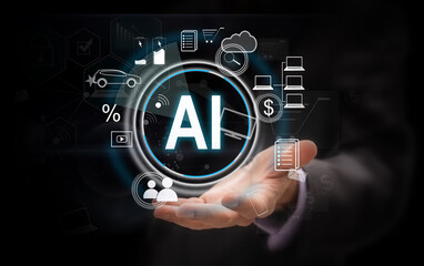 Artificial intelligence or ai concept. Futuristic icon design and graphics over hand with tablet.