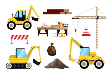 Vector illustration of a set of construction equipment in cartoon style. Tools, lathes, bags, signs, boards, crane and cars isolated on white background. Construction.