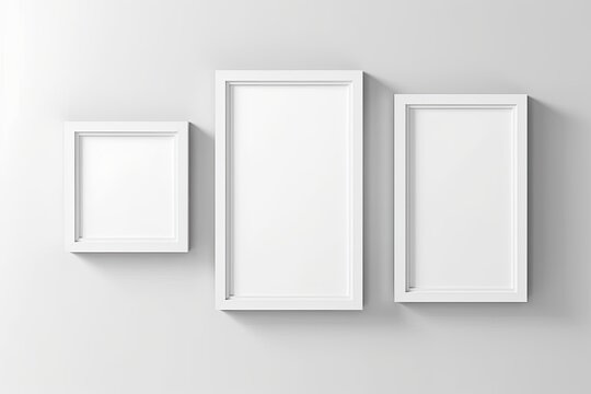 Realistic A3, A4-size wooden blank picture frames that are rectangular and square in shape hang on a white wall from the front. empty wood frame with shiny glass as an example. Mockup design template.