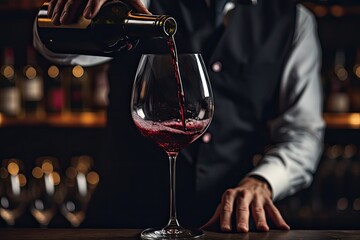 bartender pouring red wine, elegant glass, ambient wine bar backdrop, perfect for fine dining adverts, ai generated - obrazy, fototapety, plakaty