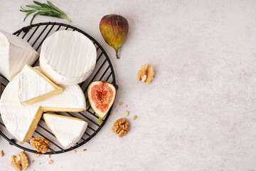 Grid with pieces of tasty Camembert cheese on light background