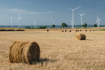 Green energy and agriculture: field with heaps of hay and wind turbines