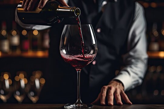 Bartender Pouring Red Wine, Elegant Glass, Ambient Wine Bar Backdrop, Perfect For Fine Dining Adverts, Ai Generated