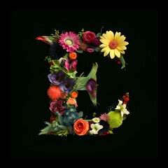 Letter E made of flowers and plants on black background. Flower font concept