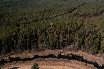 Watchtower in the middle of forest from above