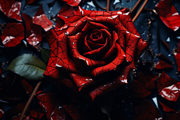 Detailed velvet red rose-like broken glass, canvas print. High quality photo
