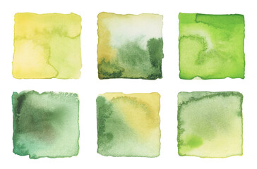 Ink watercolor hand drawn square stain blot. Wet pastel color paper texture background. Set.